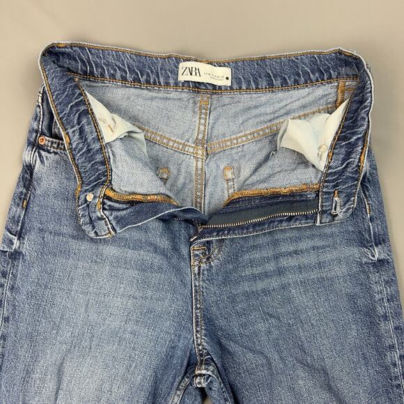 Zara High Rise Slim Straight Jeans Raw Hem Mid Blue Women’s 4 - Picture 4 of 6
